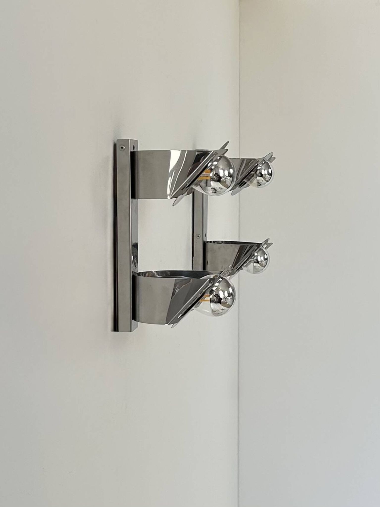 Pair of vintage wall lights, chrome metal, France, 1970.