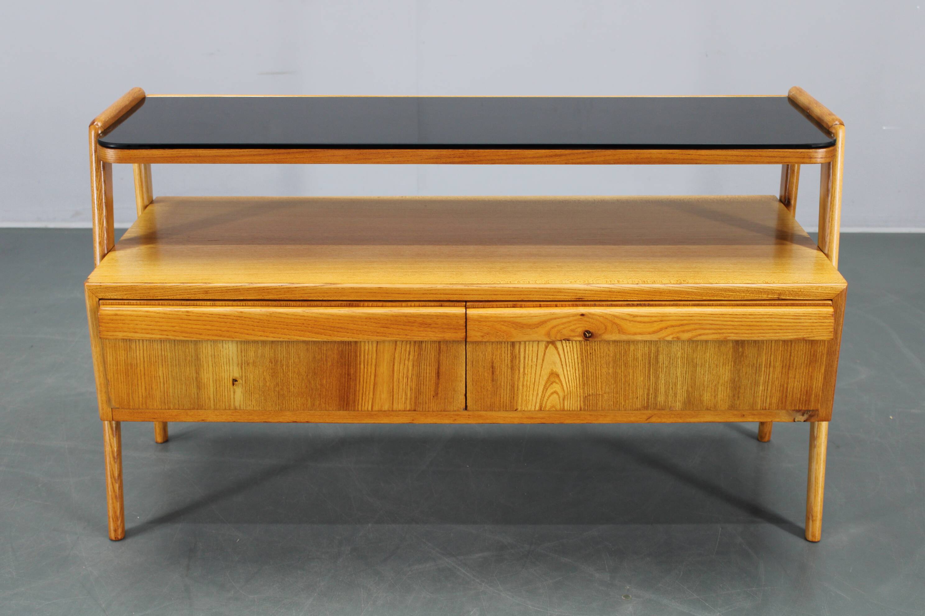 1960s Czechoslovakian Maple TV Rack with Drawers and Glass Top