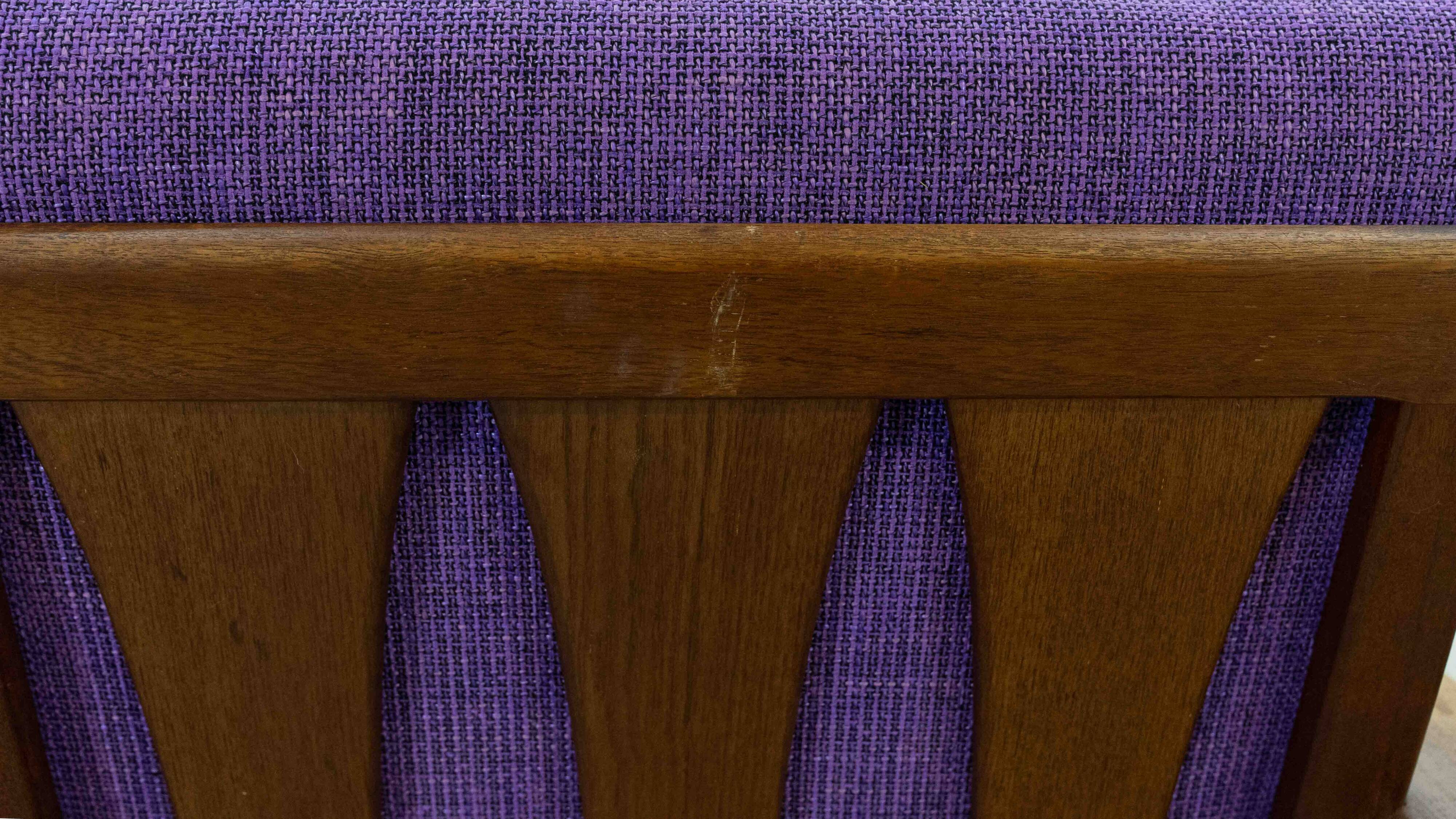 Set of 2 scandinavian easy chairs in teak with purple upholstery