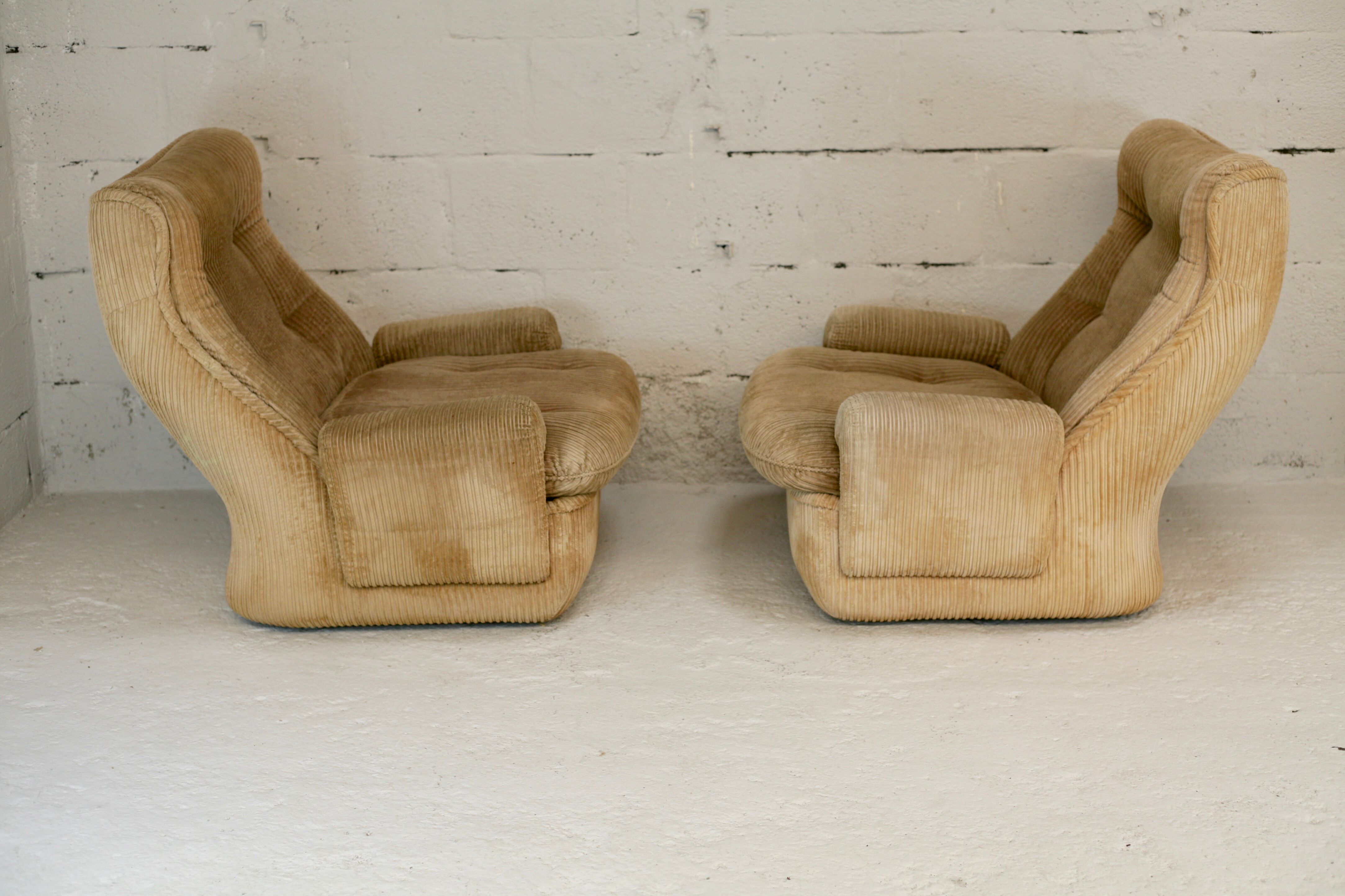 Pair of armchairs by michel cadestin, airborne edition, fiberglass and beige velvet, circa 1970