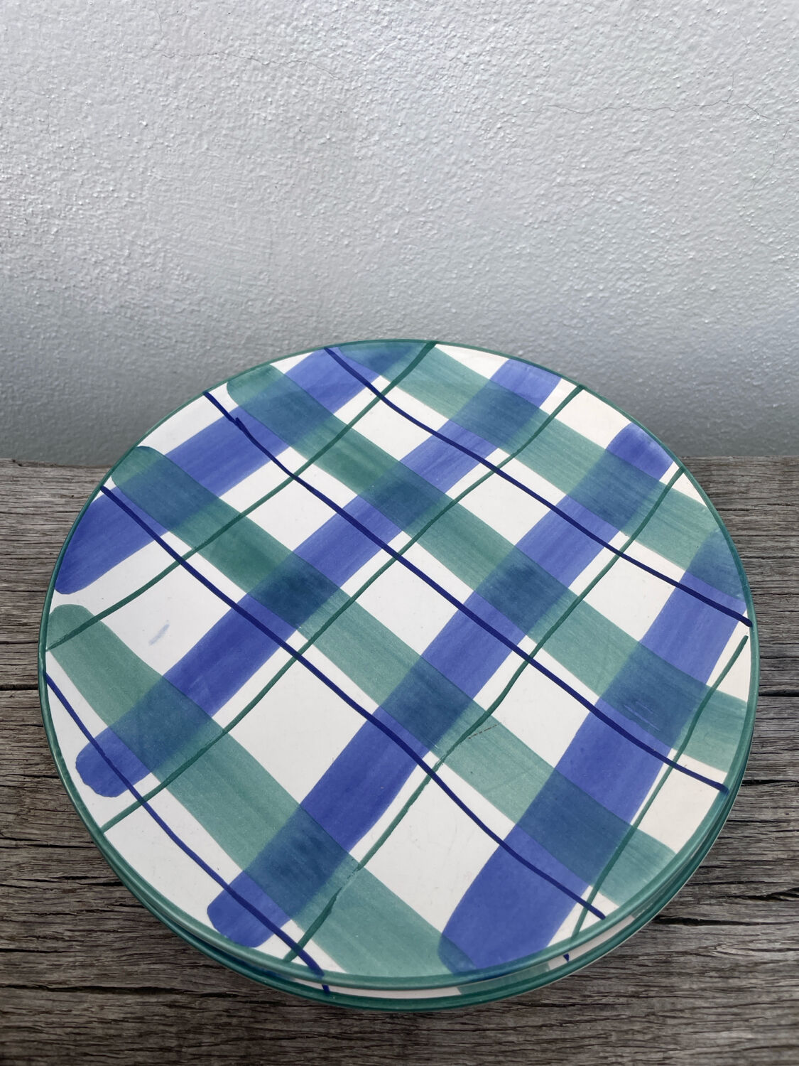 10 blue and green checked ceramic plates
