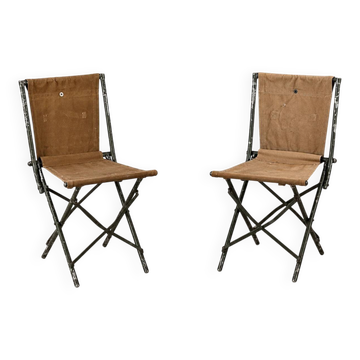 2 x English army folding chairs / canvas fabric / 1950s