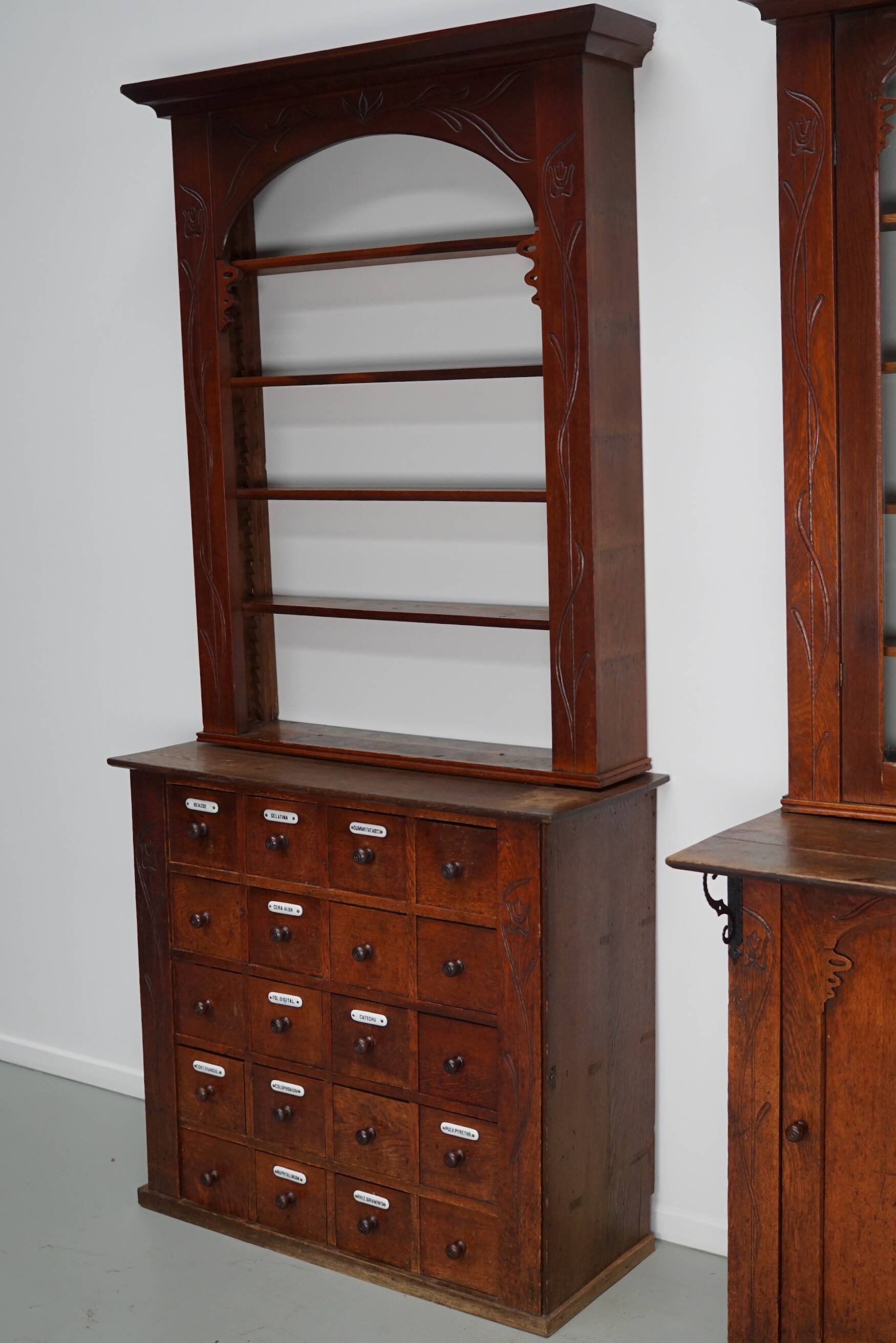 Paire d'armoires / vitrines d'apothicaire en chêne hollandais antiques Art Nouveau vers 1904