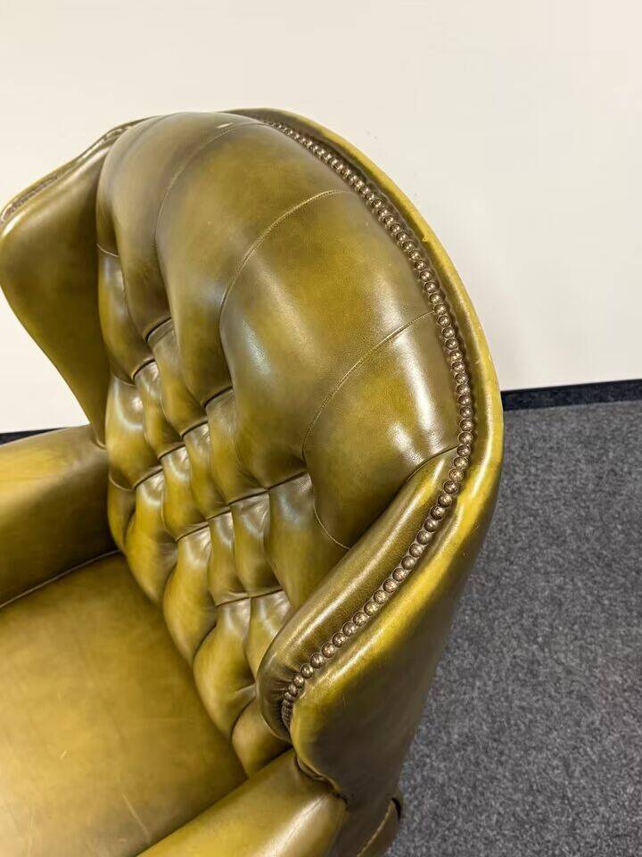 Original English Chesterfield Wingback Chair & Footstool -Retro Green