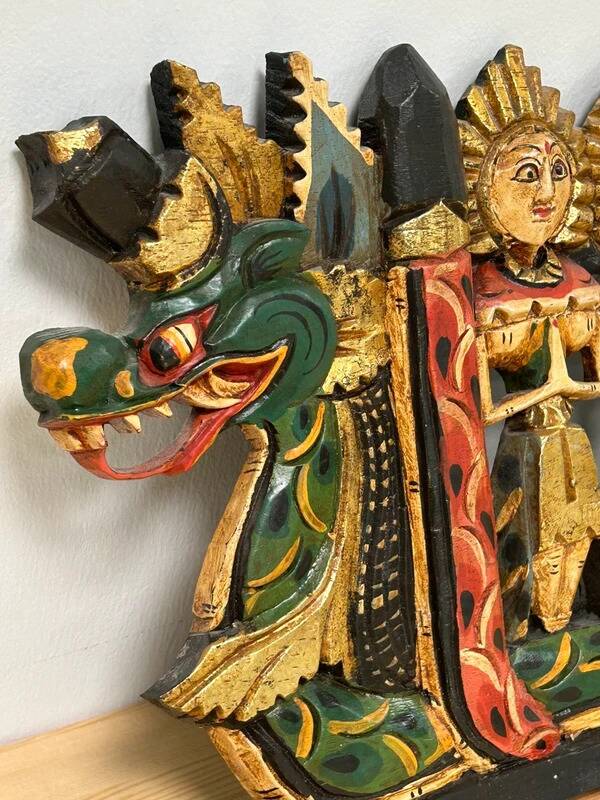 Balinese wall panel carved wood gilded polychrome dragon procession