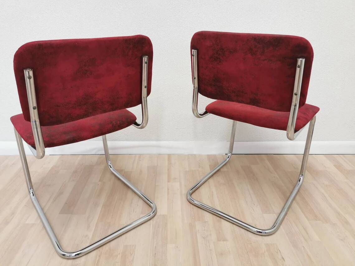 Set of 2 Dining Chair: Red Fabric, Tubular Frame, Retro 1970s
