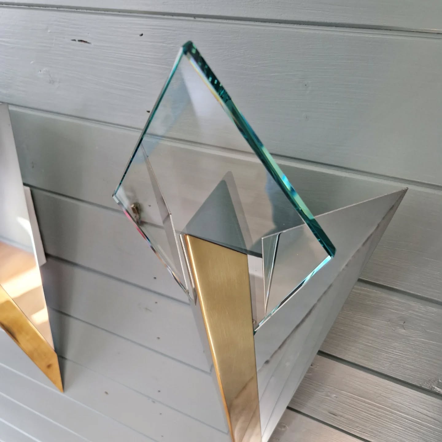 Large pair of triangular wall sconces, J.T. Kalmar, 1970-80.