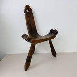 Brutalist hand carved oak Spanish tripod chair , 1970s