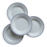 4 vintage Pyroblan Sarreguemines flat plates – Blue rim bistro style