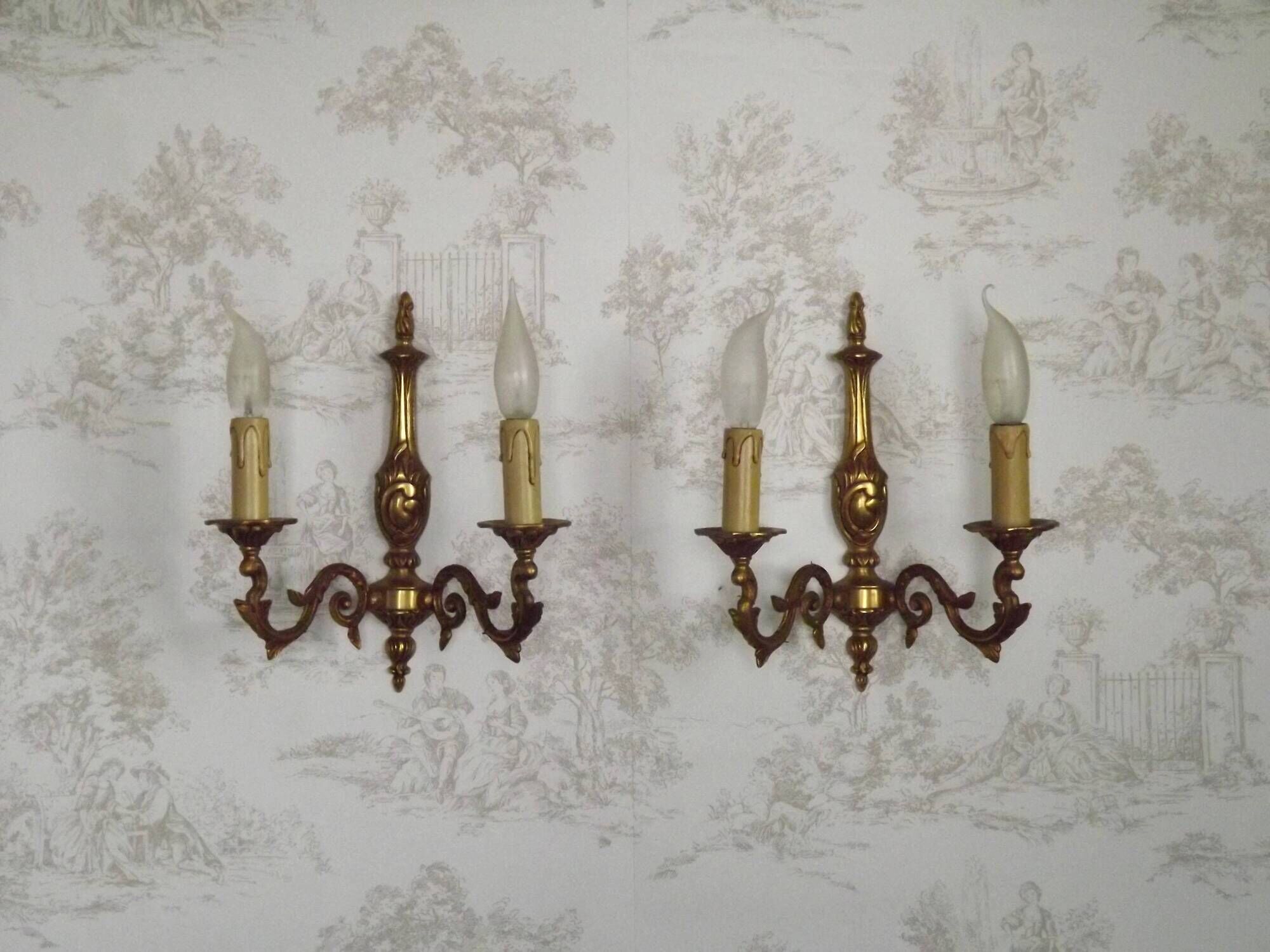 Pair Vintage French Traditional Style Bronze Mid Century Wall Lights 5345