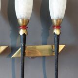 Large pair of 2-light torchiere wall lights 1950/60 in black metal and gilded brass.