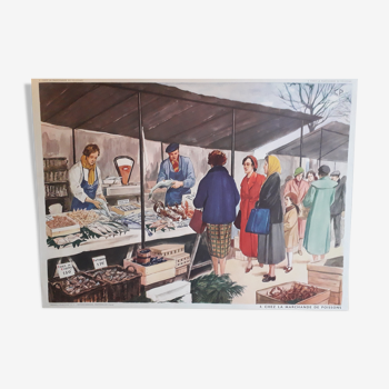 Affiche scolaire "chez la marchande de poissons" années 50