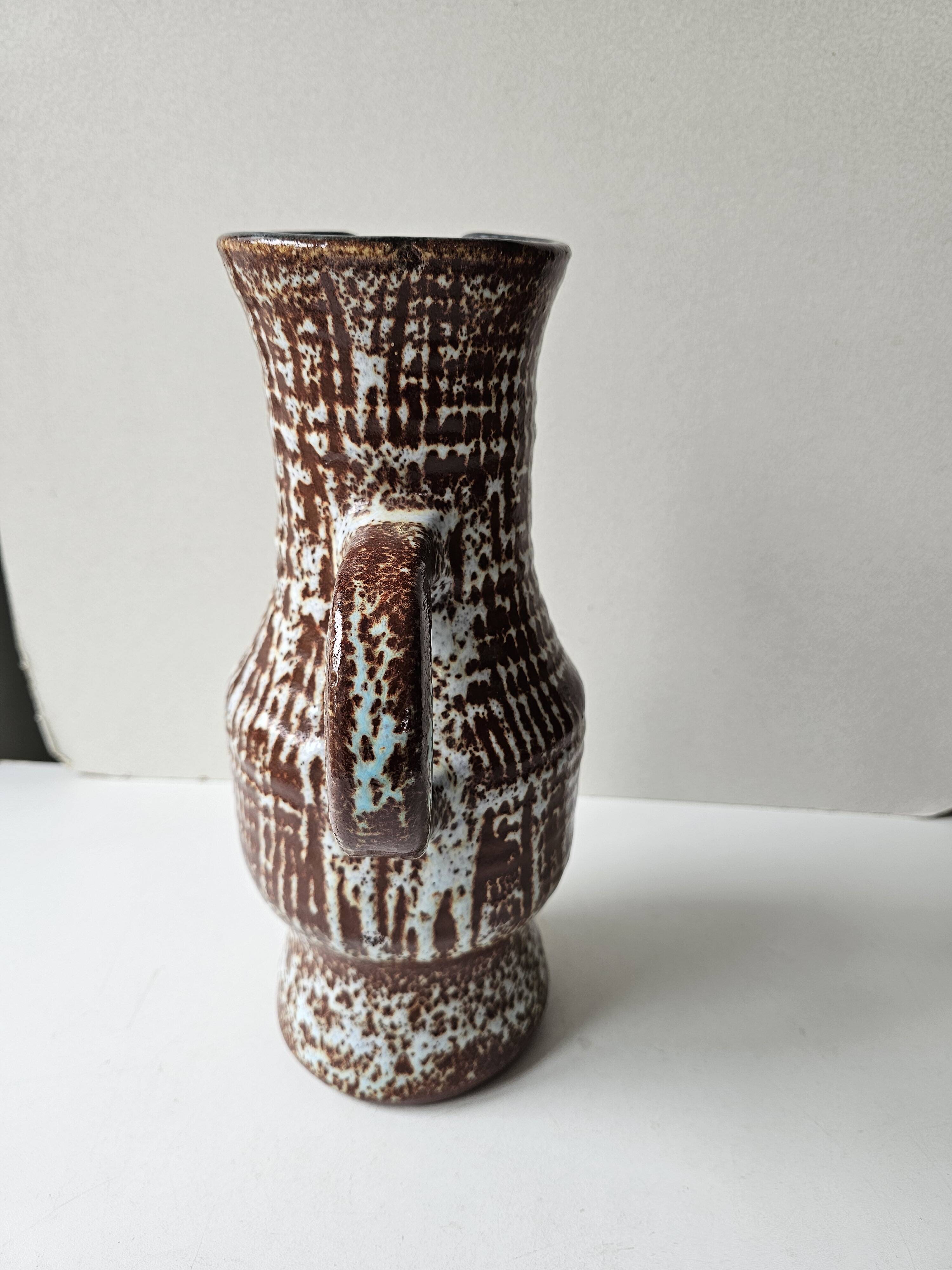 Large brown glazed ceramic pitcher signed accolay - height 31cm