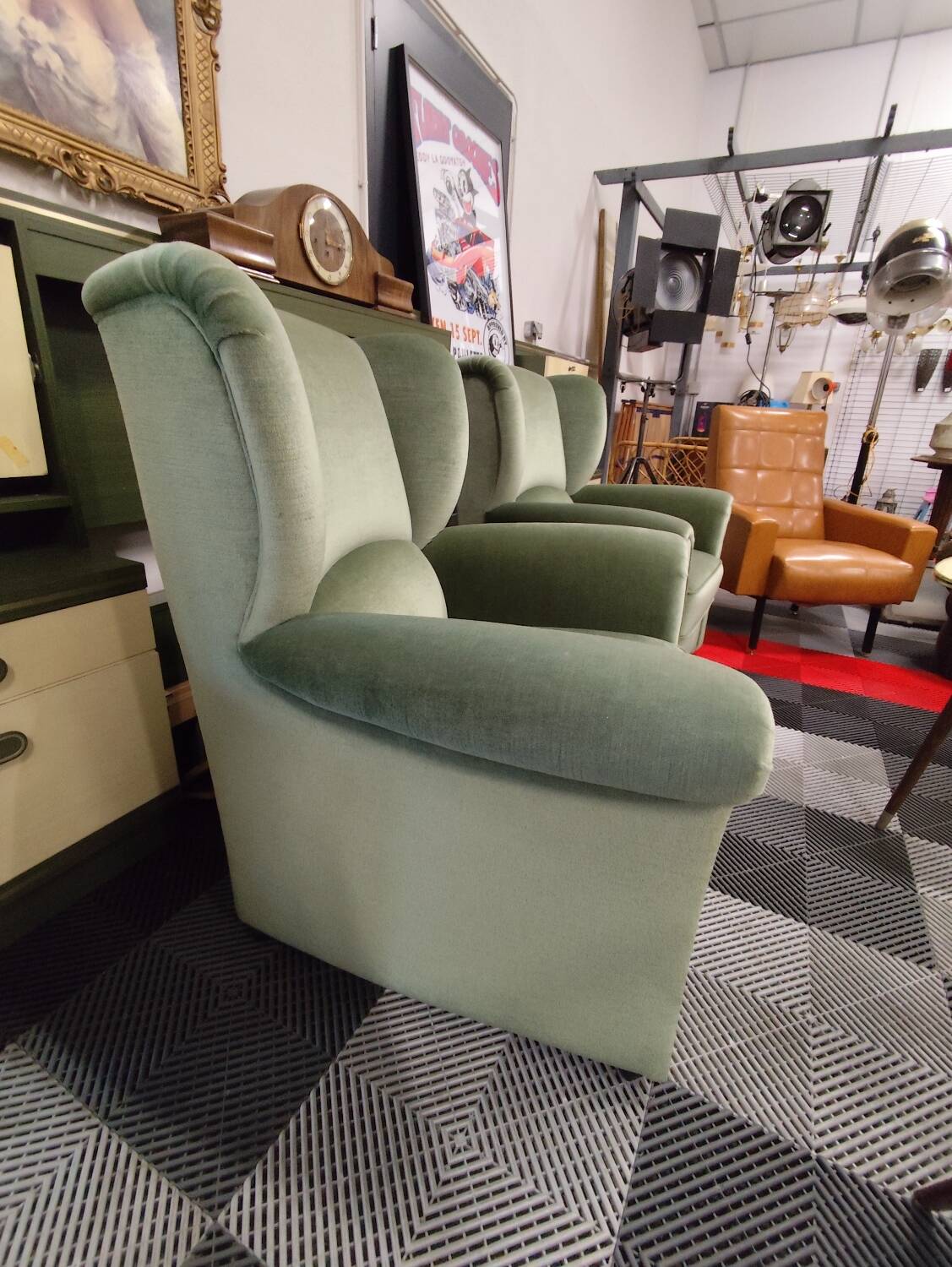 Vintage armchair in light green fabric from the 70s