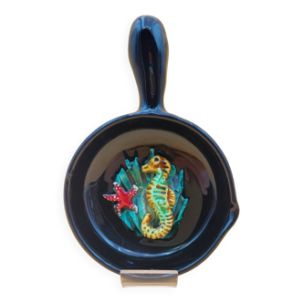 Ceramic pan dish barbotine Vallauris trompe l'oeil kitsch seahorse