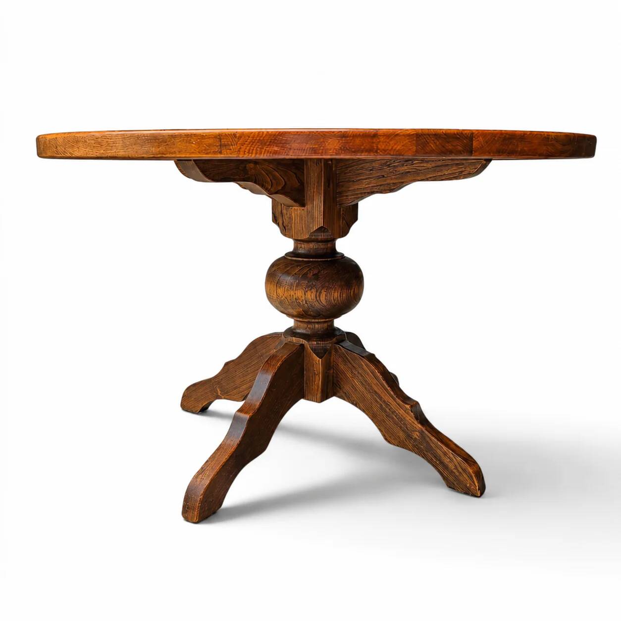 Solid oak dining table, also known as a monastery table, with a sturdy central pedestal, heavy-duty construction