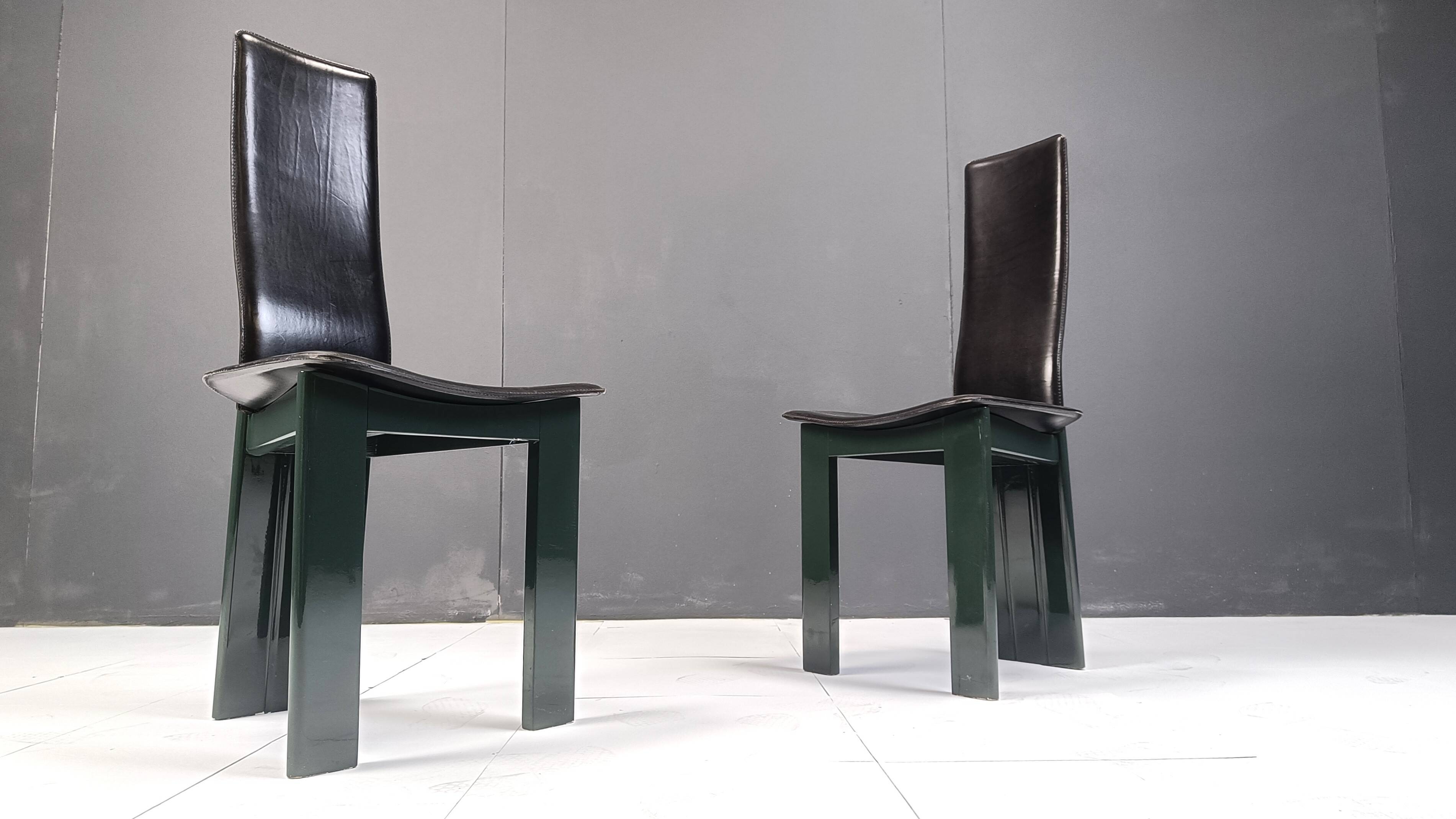 Set of 6 Italian leather and green lacquer dining chairs, 1980s