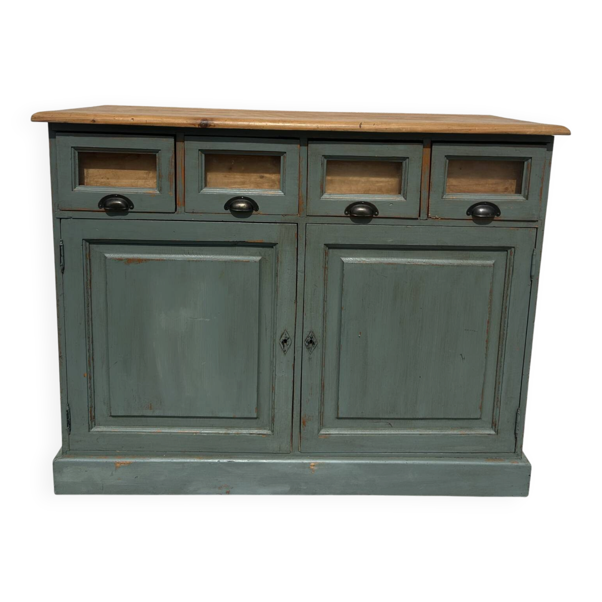 Antique counter cabinet with drawers and label holders – green patina