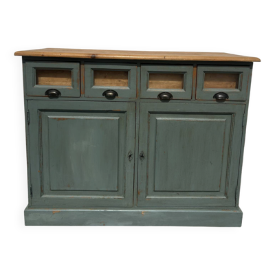Meuble de comptoir ancien à tiroirs porte-étiquettes – patine vert-de-