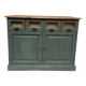 Antique counter cabinet with drawers and label holders – green patina