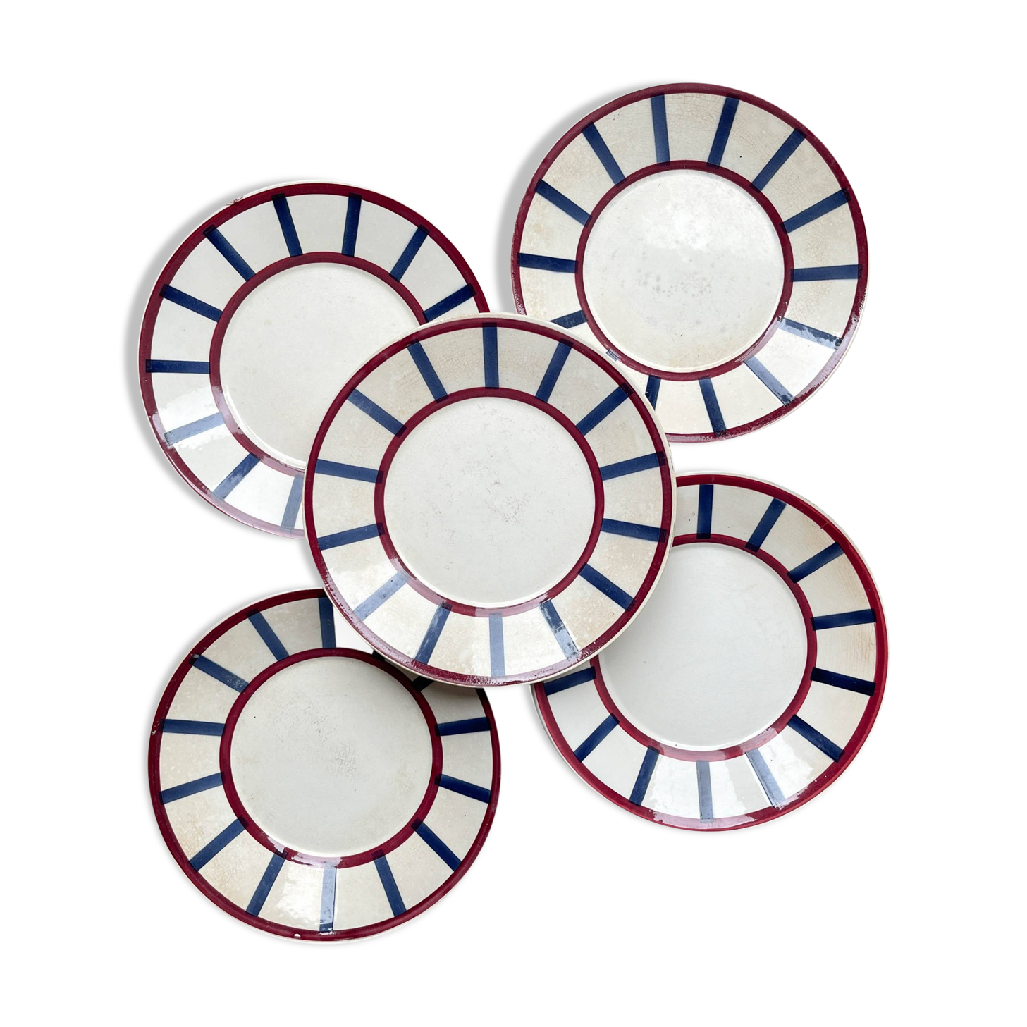 5 Small Vintage French Plates Terre de Fer HBCM Béarn blue and red stripes