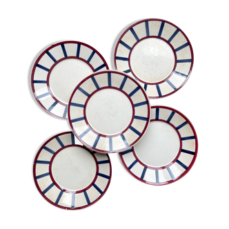 5 Small Vintage French Plates Terre de Fer HBCM Béarn blue and red stripes