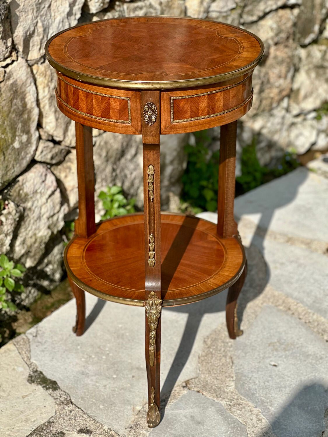 Small side table in precious wood marquetry in the Louis XV style.