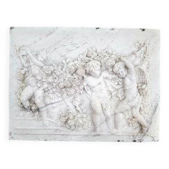 Relief vintage en marbre "Putti, guirlandes et fleurs" de François Duquesnoy, France 1892