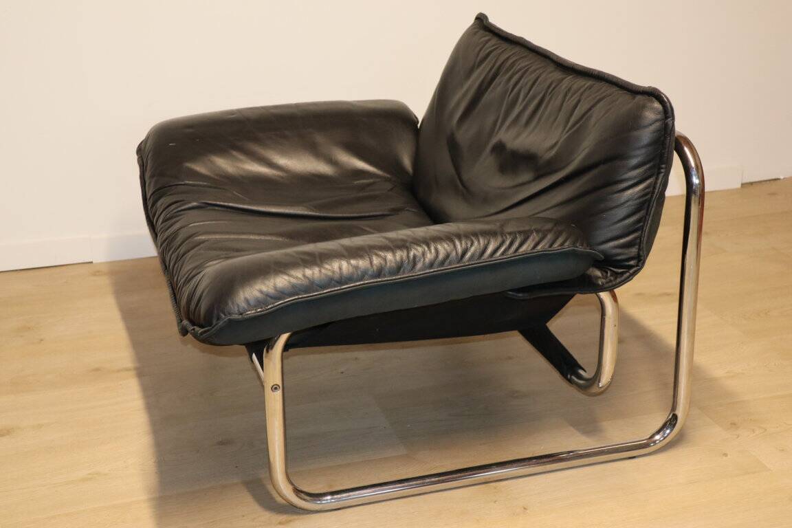 Vintage armchair by Johan Bertil Häggström for Ikéa in leather and chrome metal, 1970s