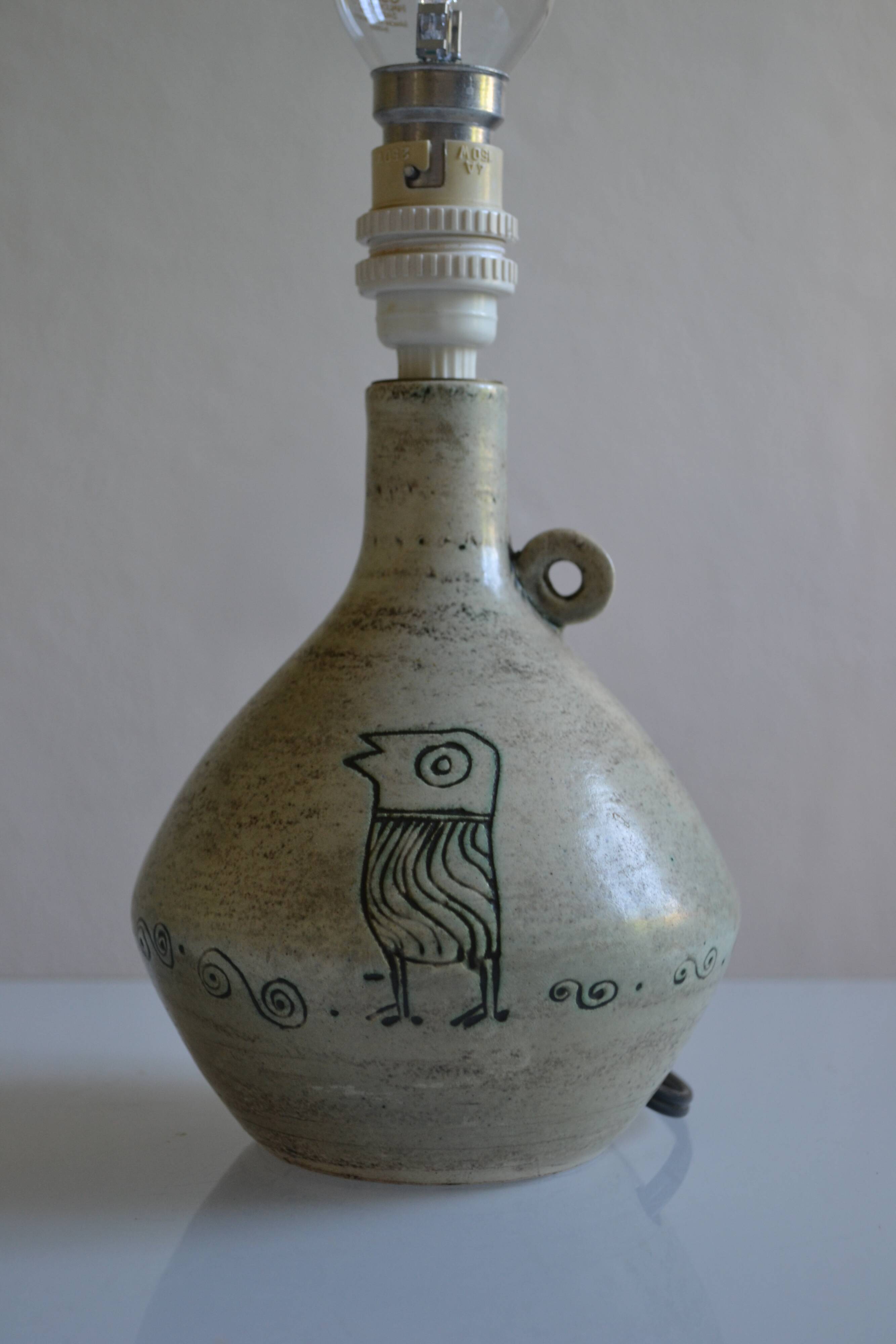 Jacques Blin ( 1920 1995 ) Pied de lampe céramique décor oiseau