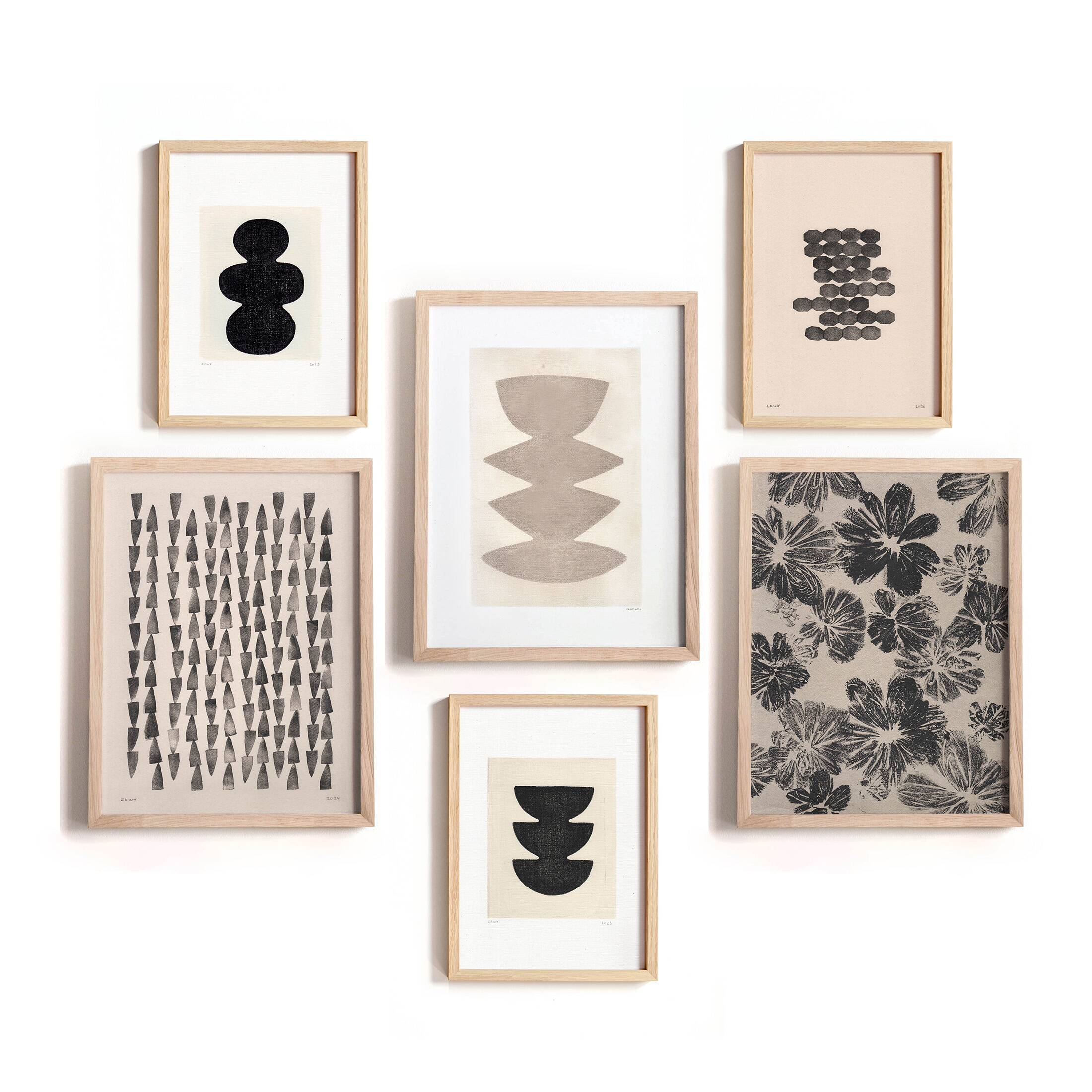 Collection of 6 paintings on paper - Black abstract painting signed Eawy