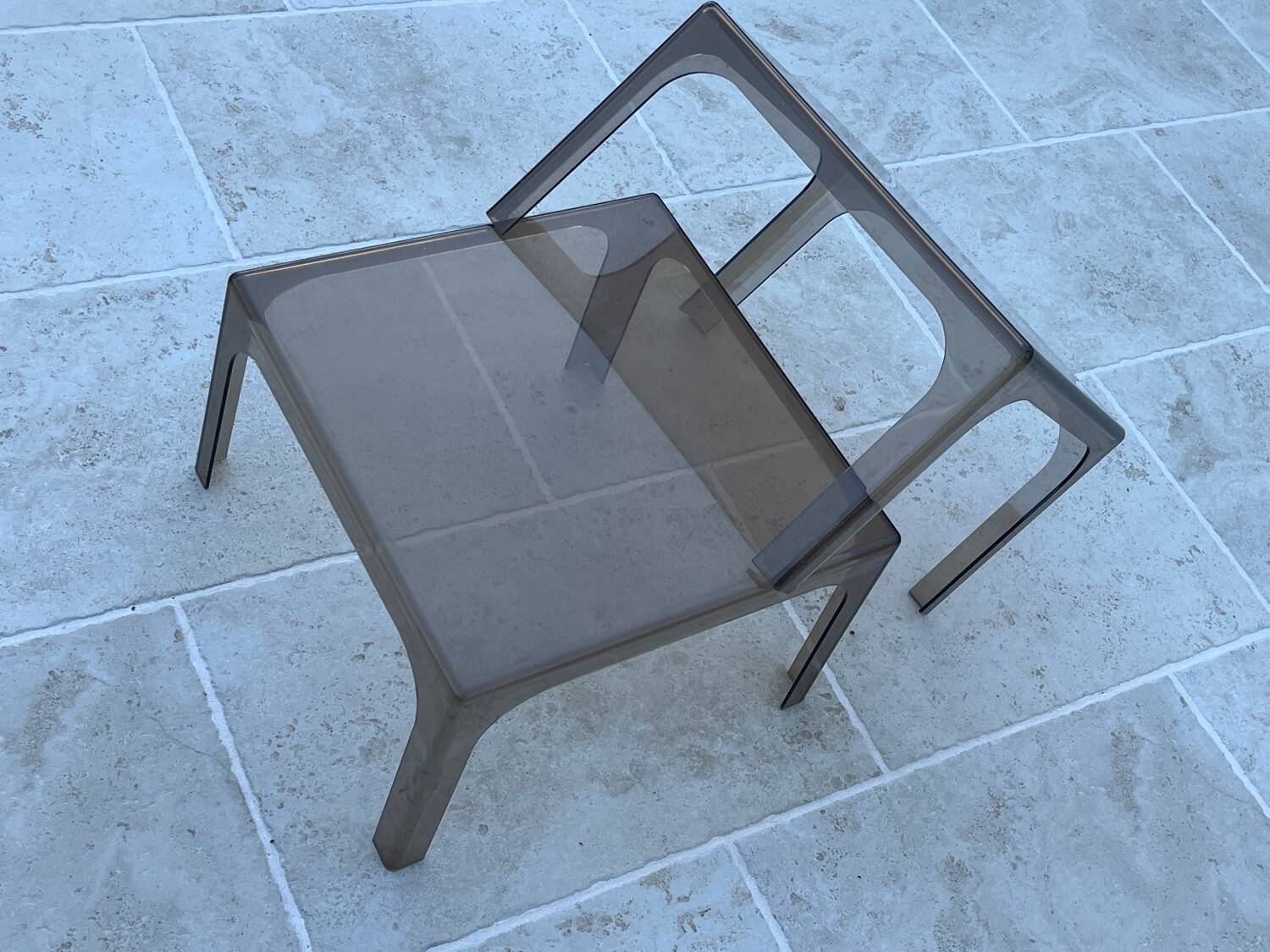 Pair of smoked plexiglass coffee tables 1970 side tables