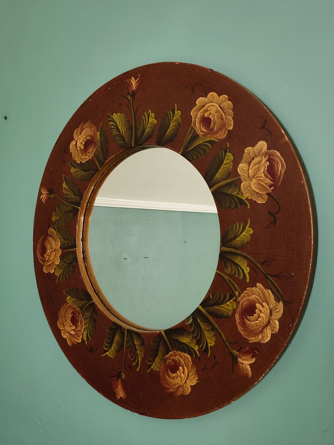 Vintage hand painted wooden round wall mirror