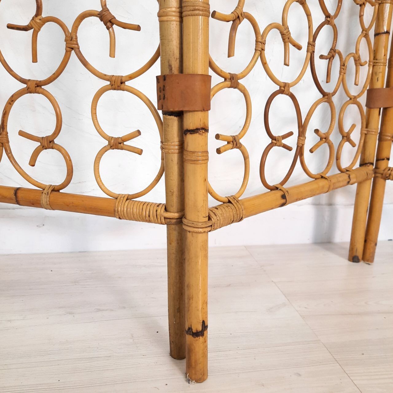 Vintage screen made of bamboo, wicker and leather