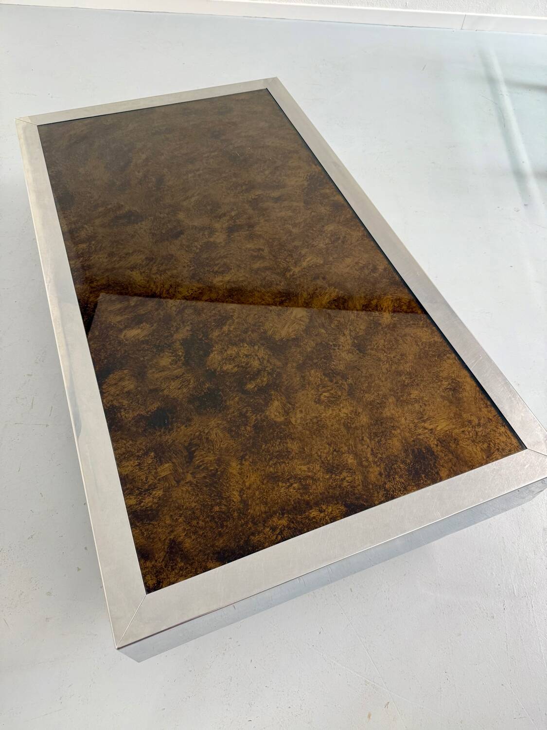 Italian coffee table in chromed metal and vintage brown glass top 70s