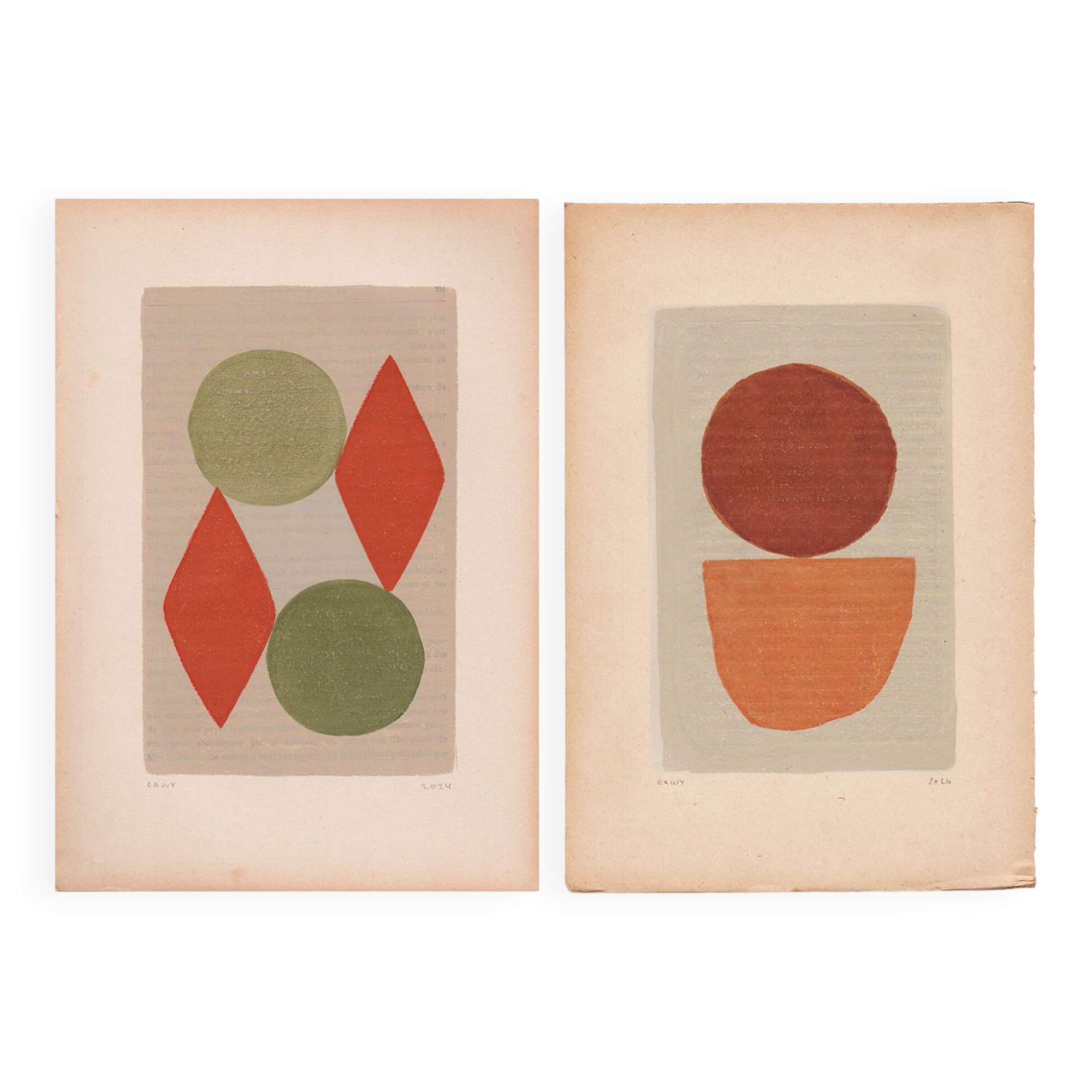 Duo of paintings on old paper -B53 and B60 - abstract paintings signed eawy