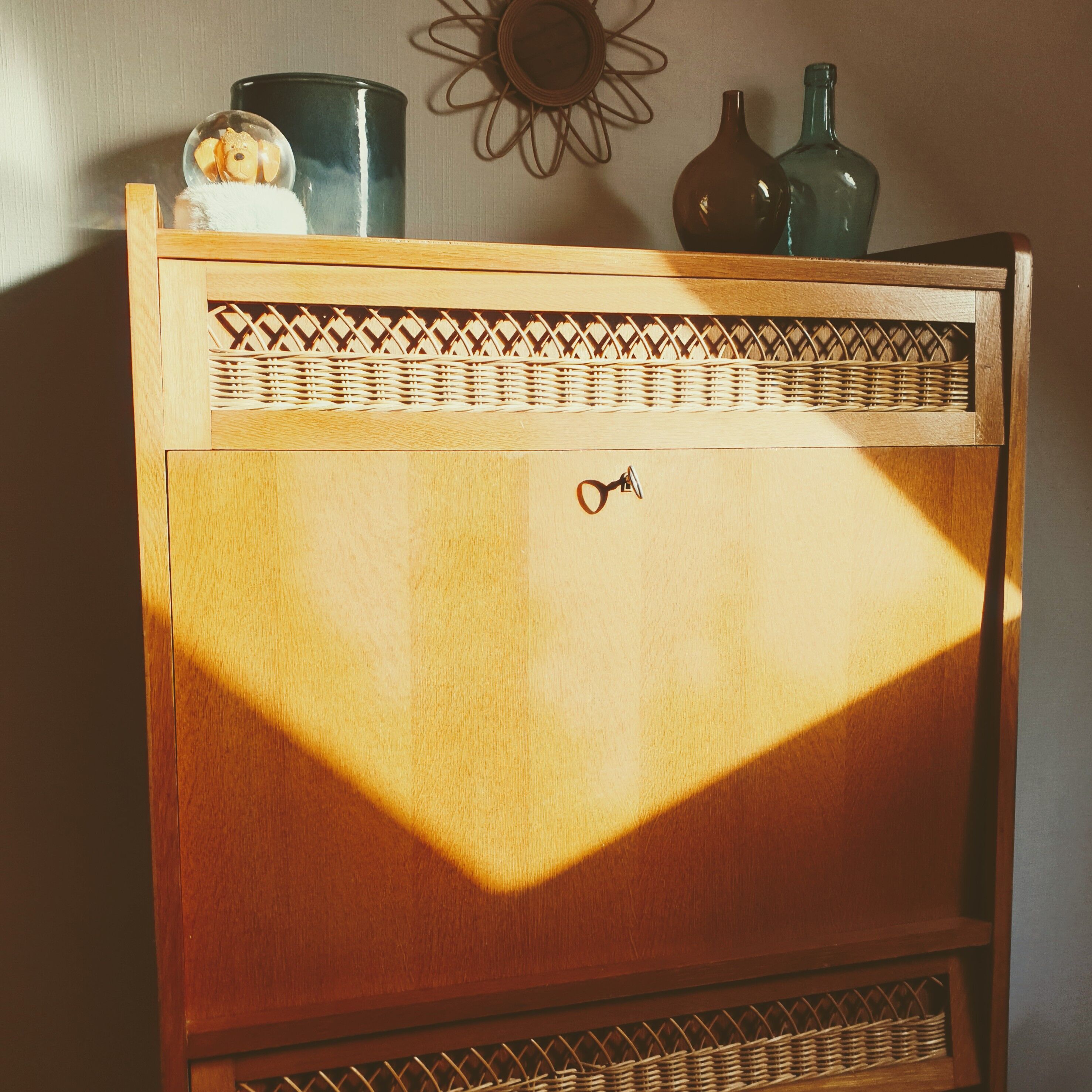 Vintage secretary rattan chest of drawers