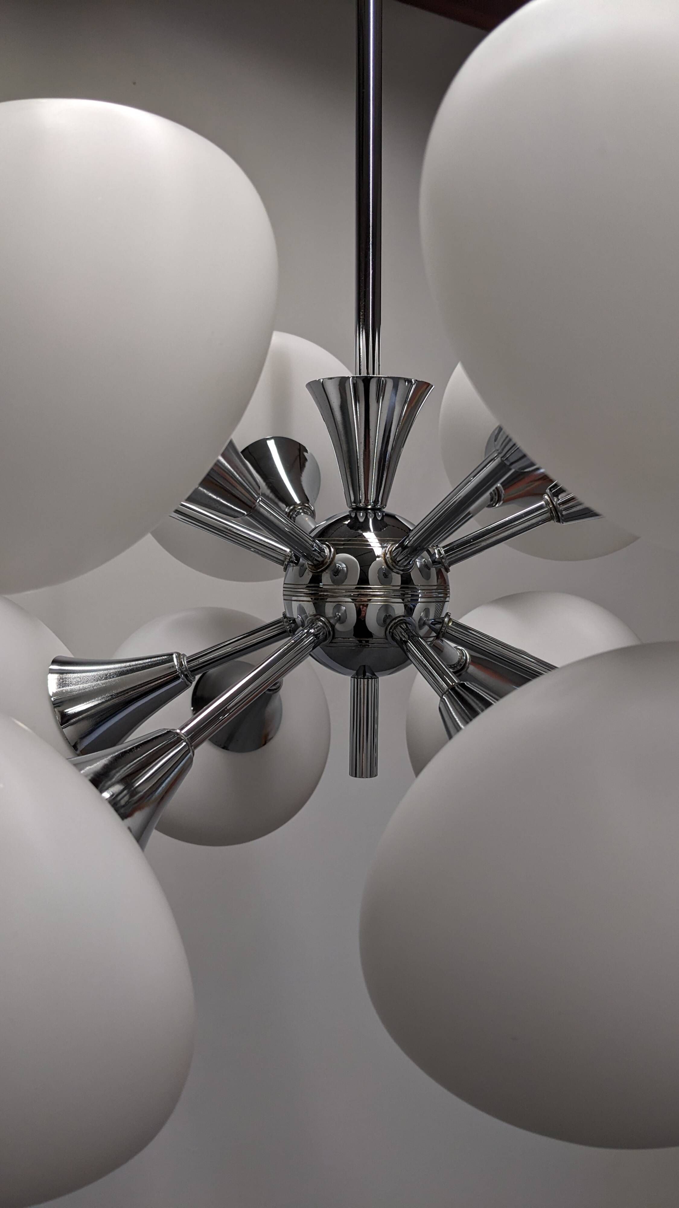 Sputnik chandelier with 12 frosted glass lights, Italy circa 1970.