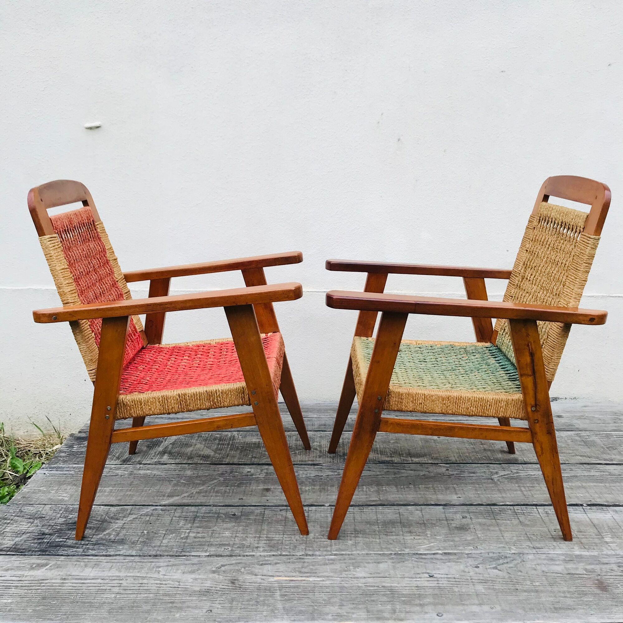 Pair of vintage 1940 armchairs in mahogany and braided rope