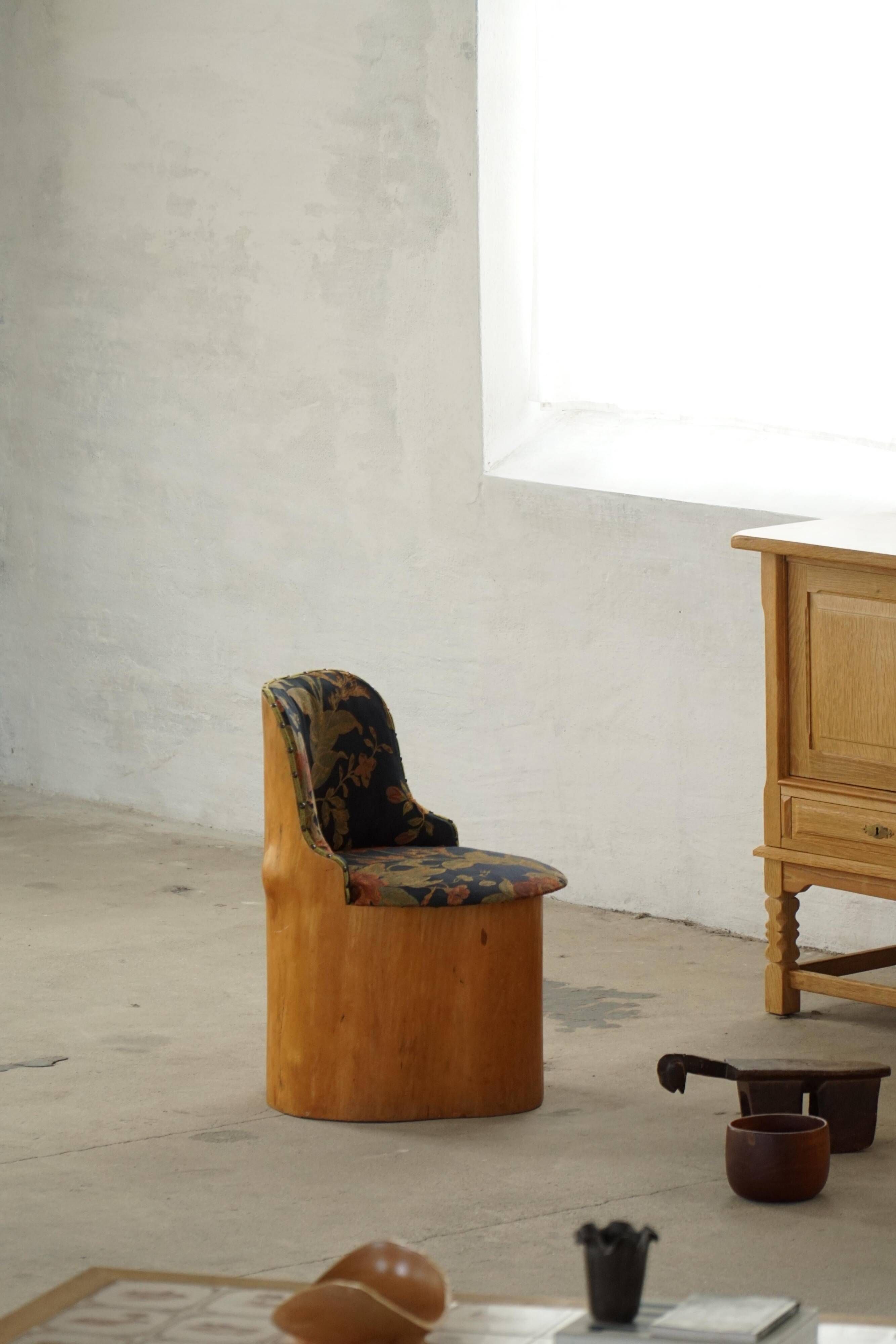 Swedish stump chair / "Kubstol" in pine and floral upholstery, mid-20th century
