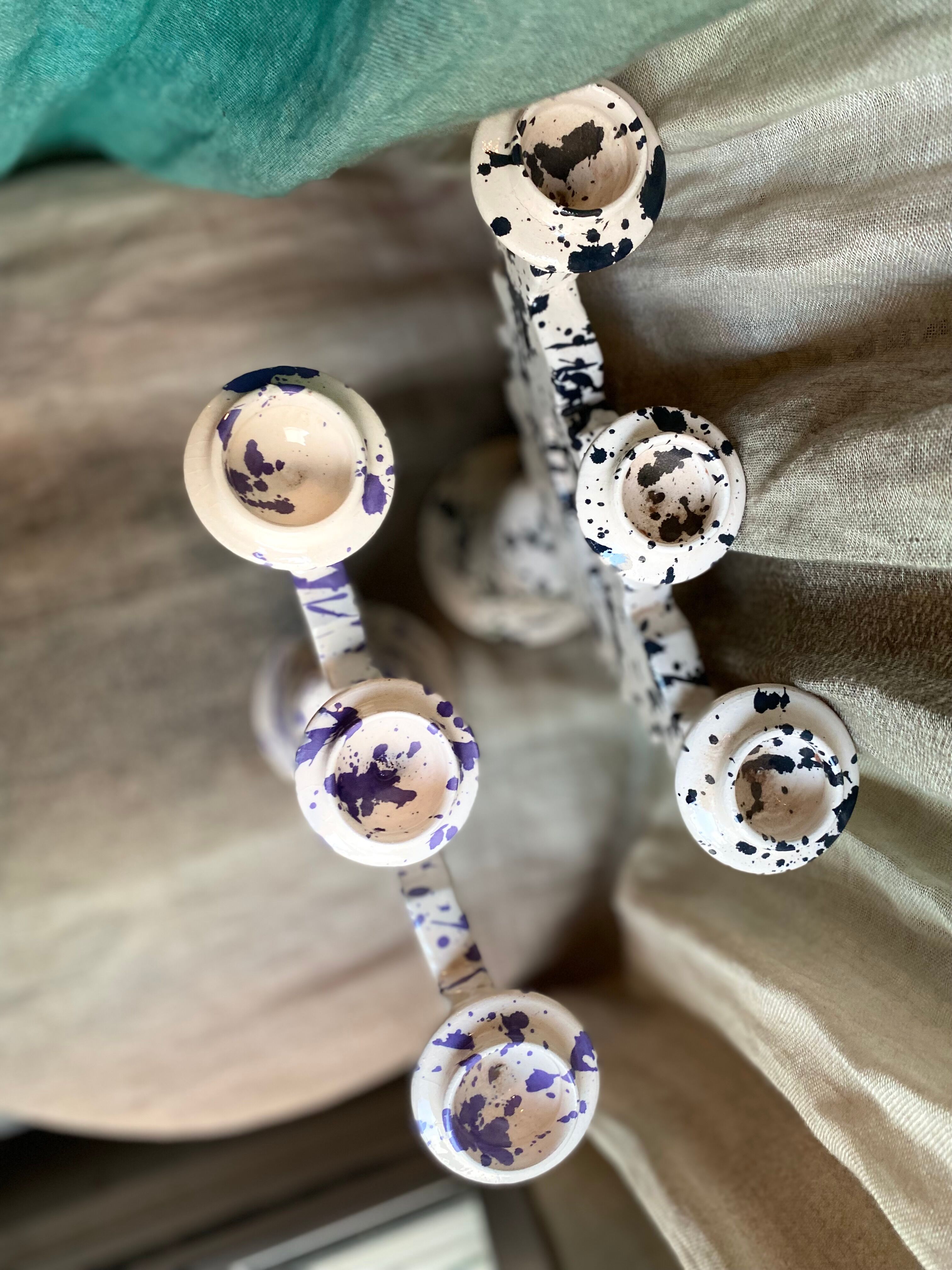 3-headed black spotted terracotta candle holder