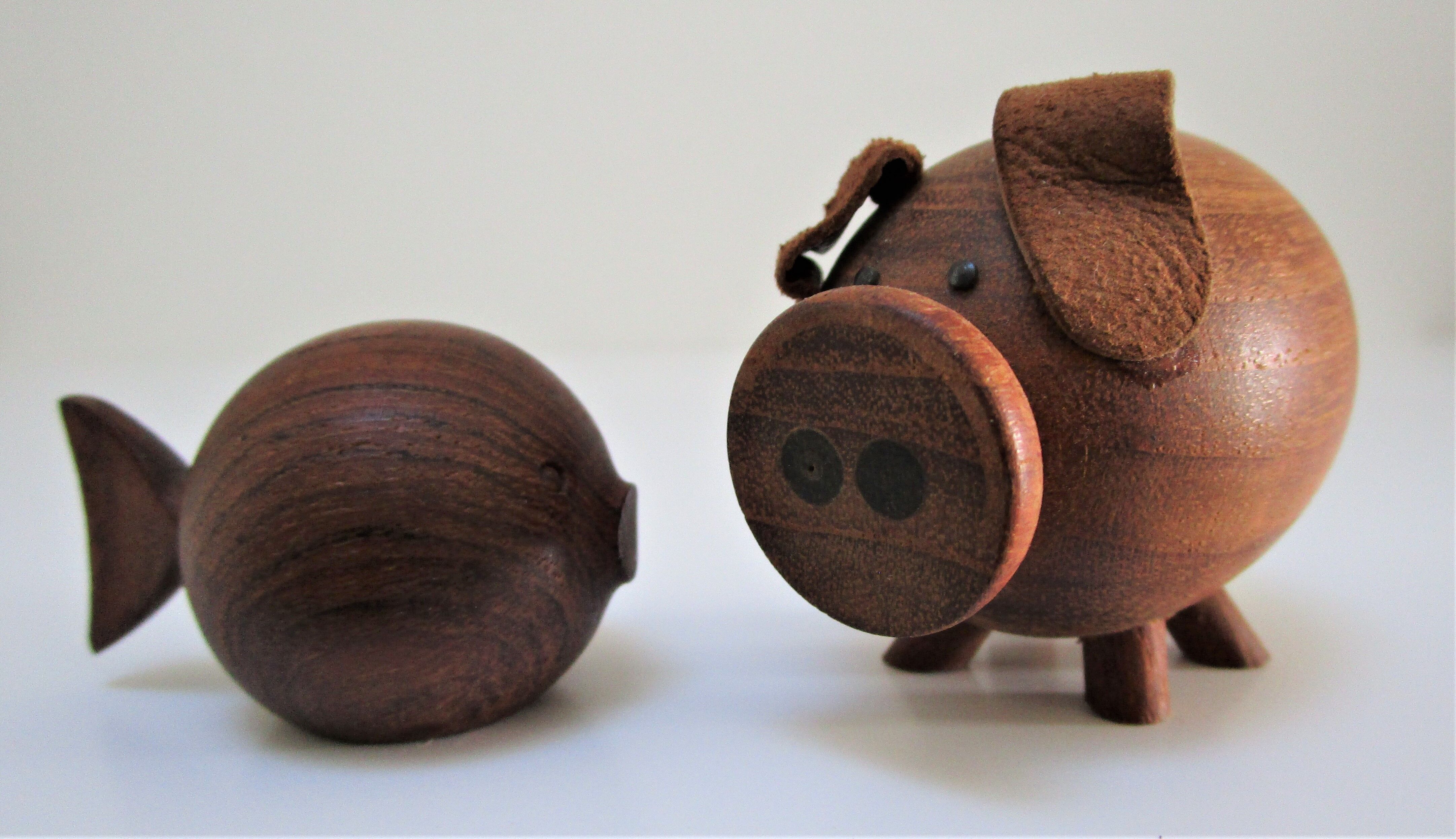 pig and fish wood teak vintage Scandinavian toy 60s