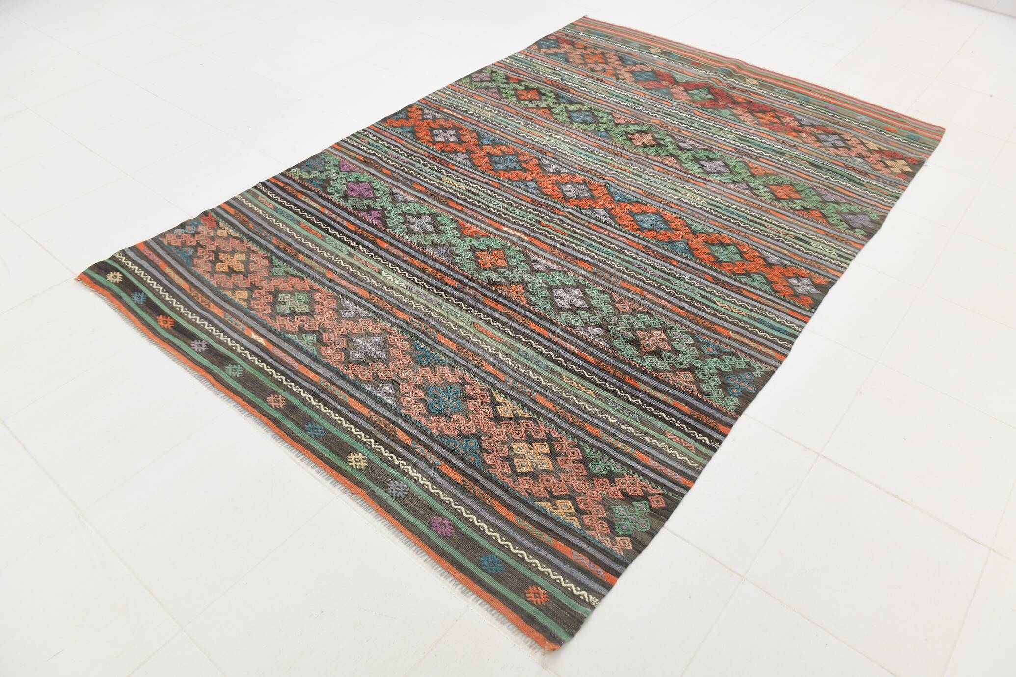 6x9 Blue & Green Striped Kilim Rug, 180x271Cm