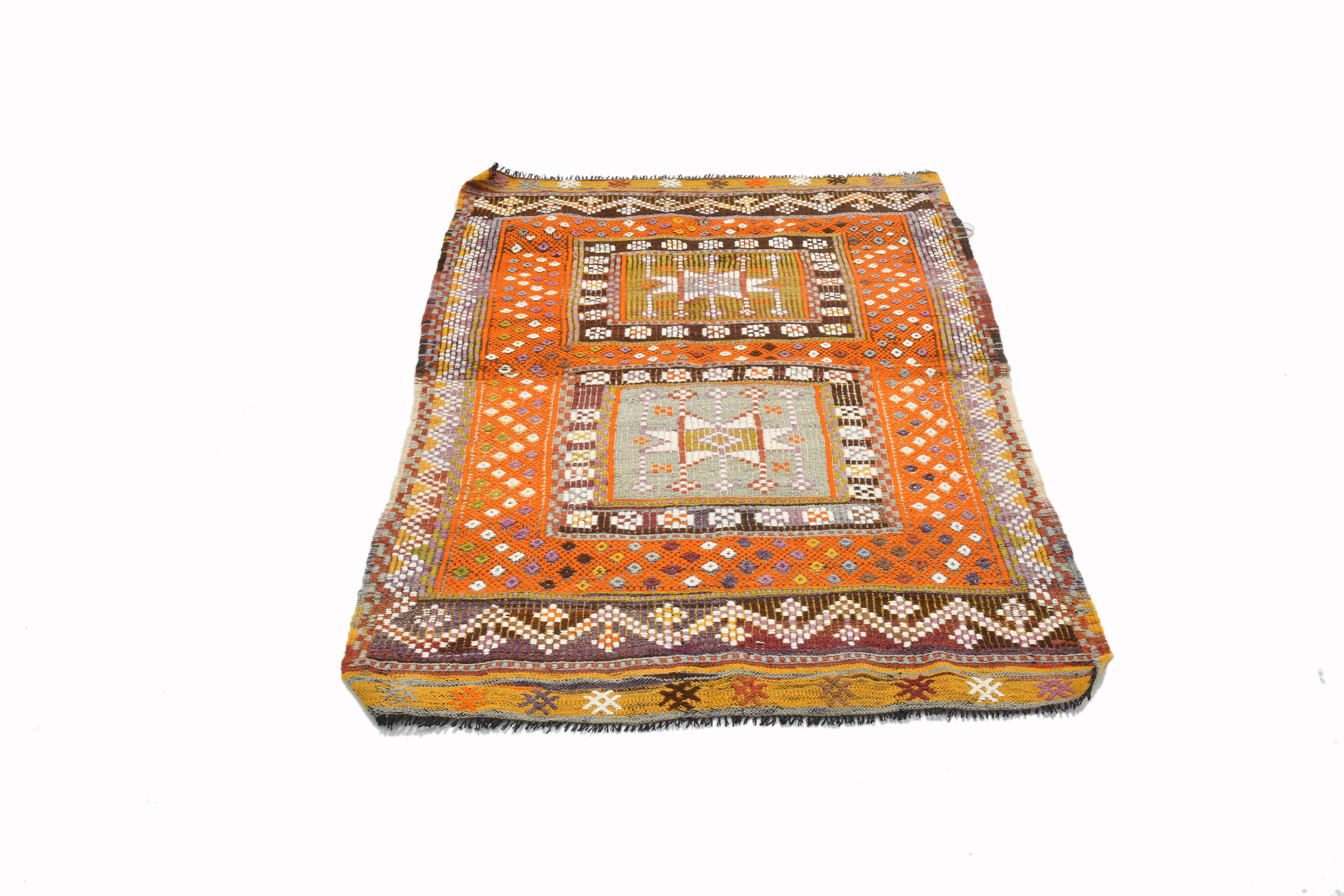 3x5 Orange & Green Small Size Vintage Kilim Rug, 102x141Cm