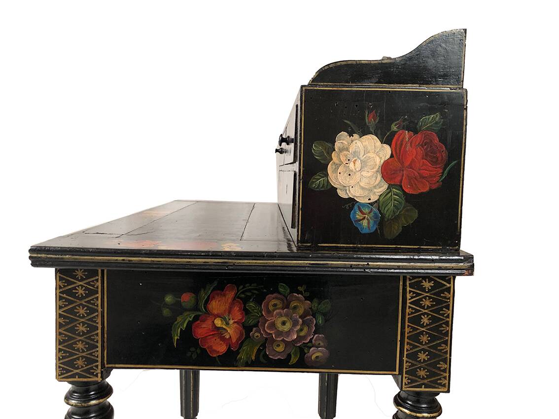 Bonheur du jour in black lacquered wood with rich painted decorations of flowers and birds, Napoleon III
