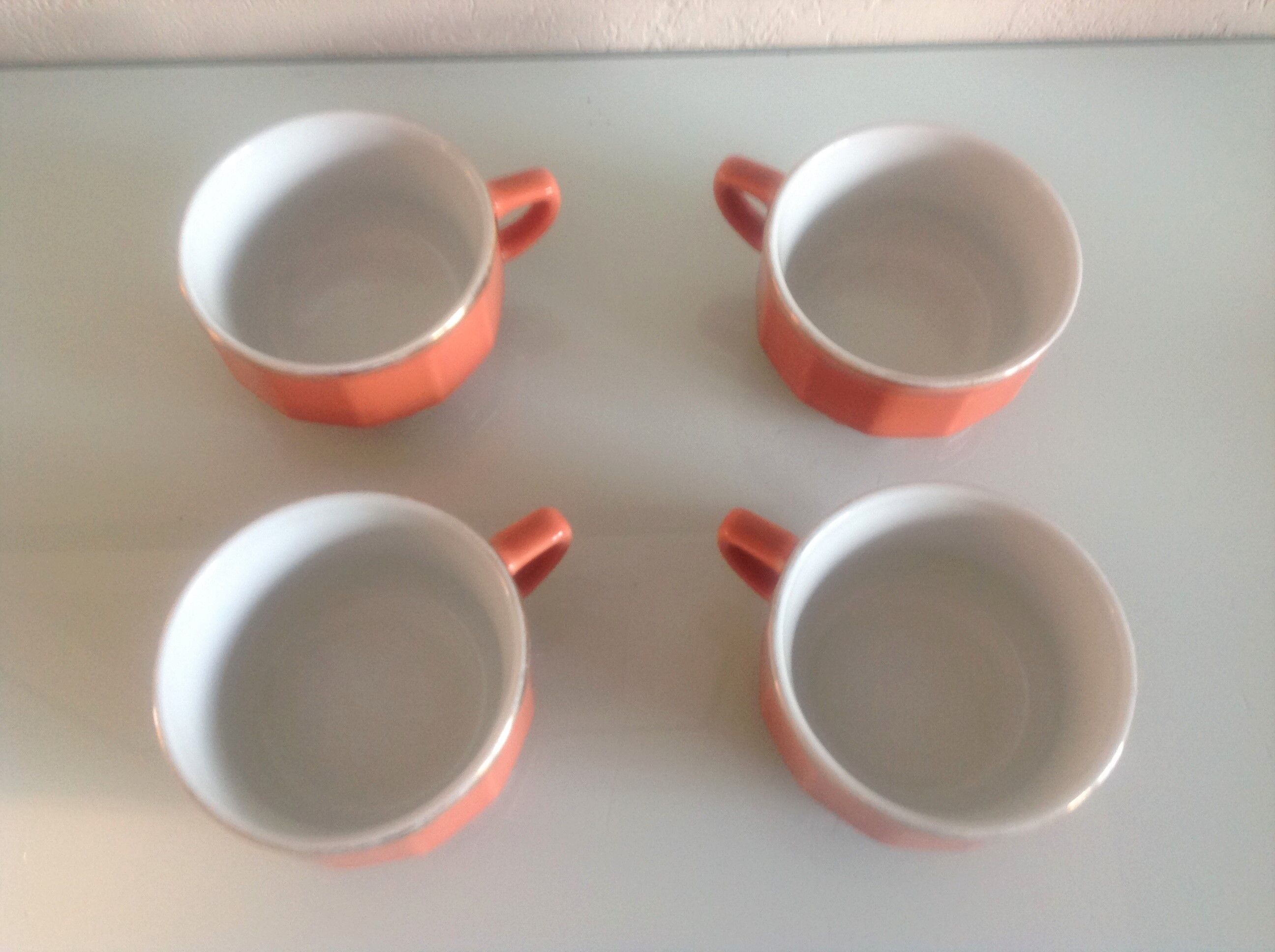 Bistro style four-mugs suite orange-pink by Apilco /vintage 70-80