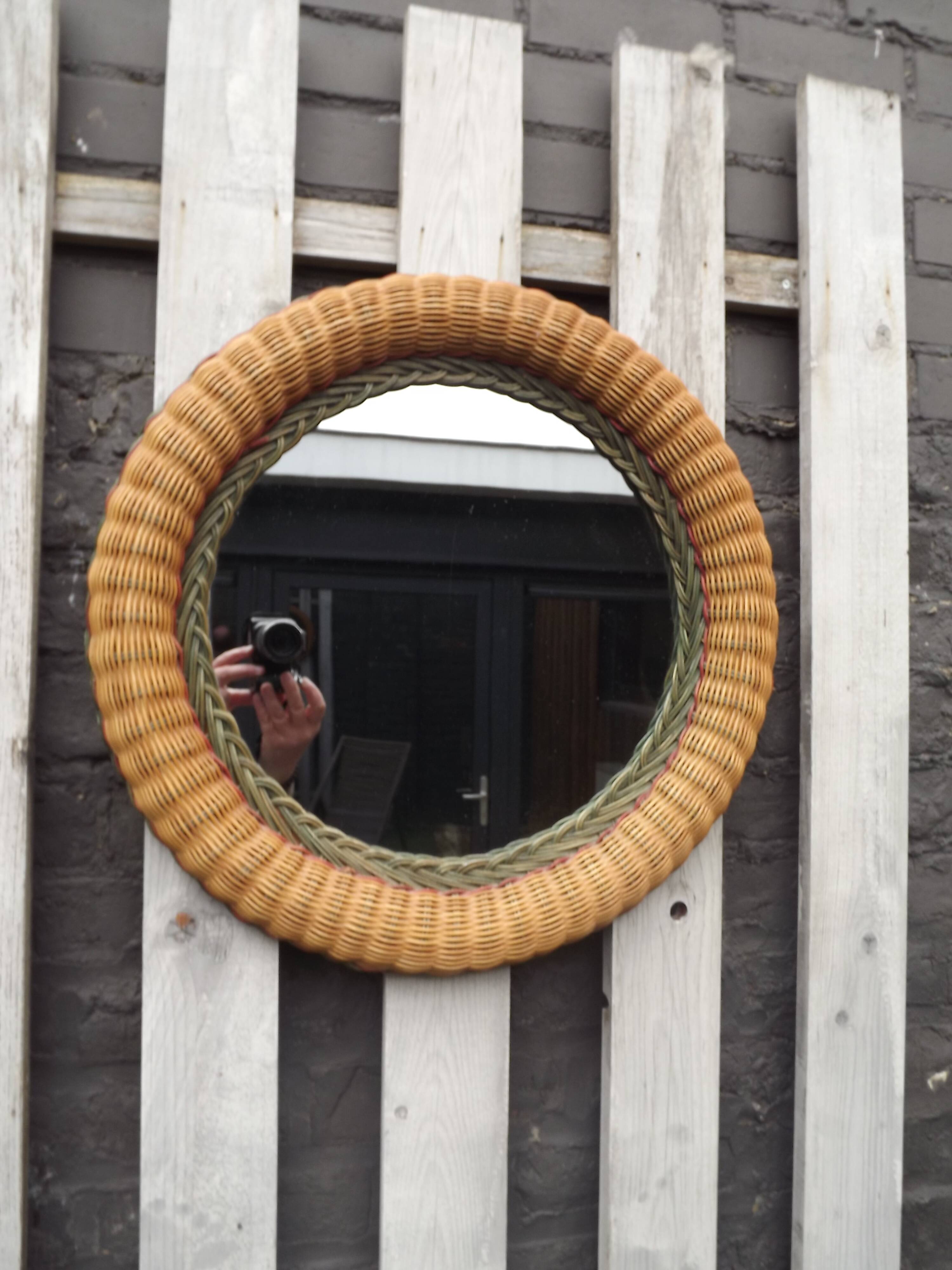 Vintage 70's circular wicker mirror