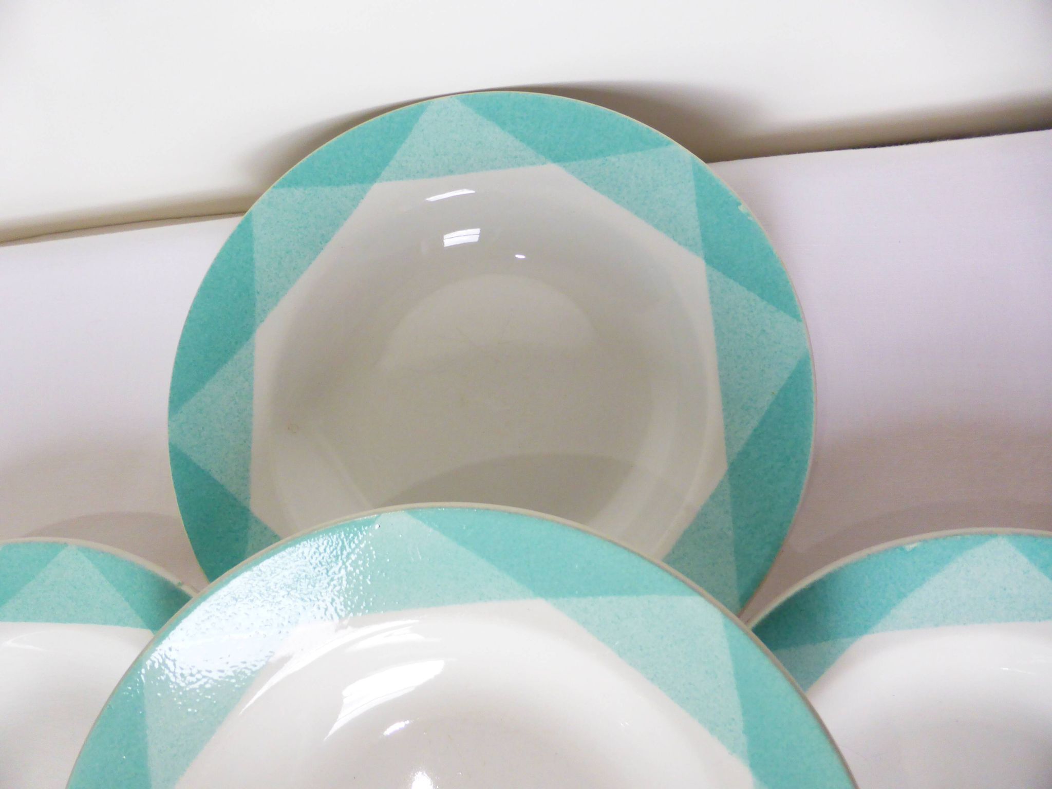 4 vintage geometric pattern soup plates 220510