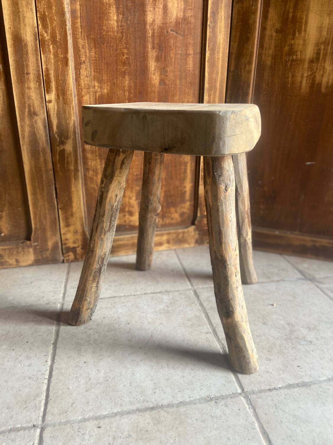 Antique brutalist stool in solid oak