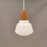 Lamp in white glass with teak top. It is Danish and estimated from the 1970s-1980s.